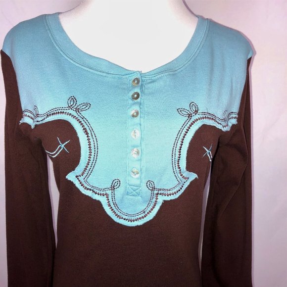 Back In The Saddle Embroidered Vintage Henley Western Style Knit Top Stretch - Picture 2 of 8